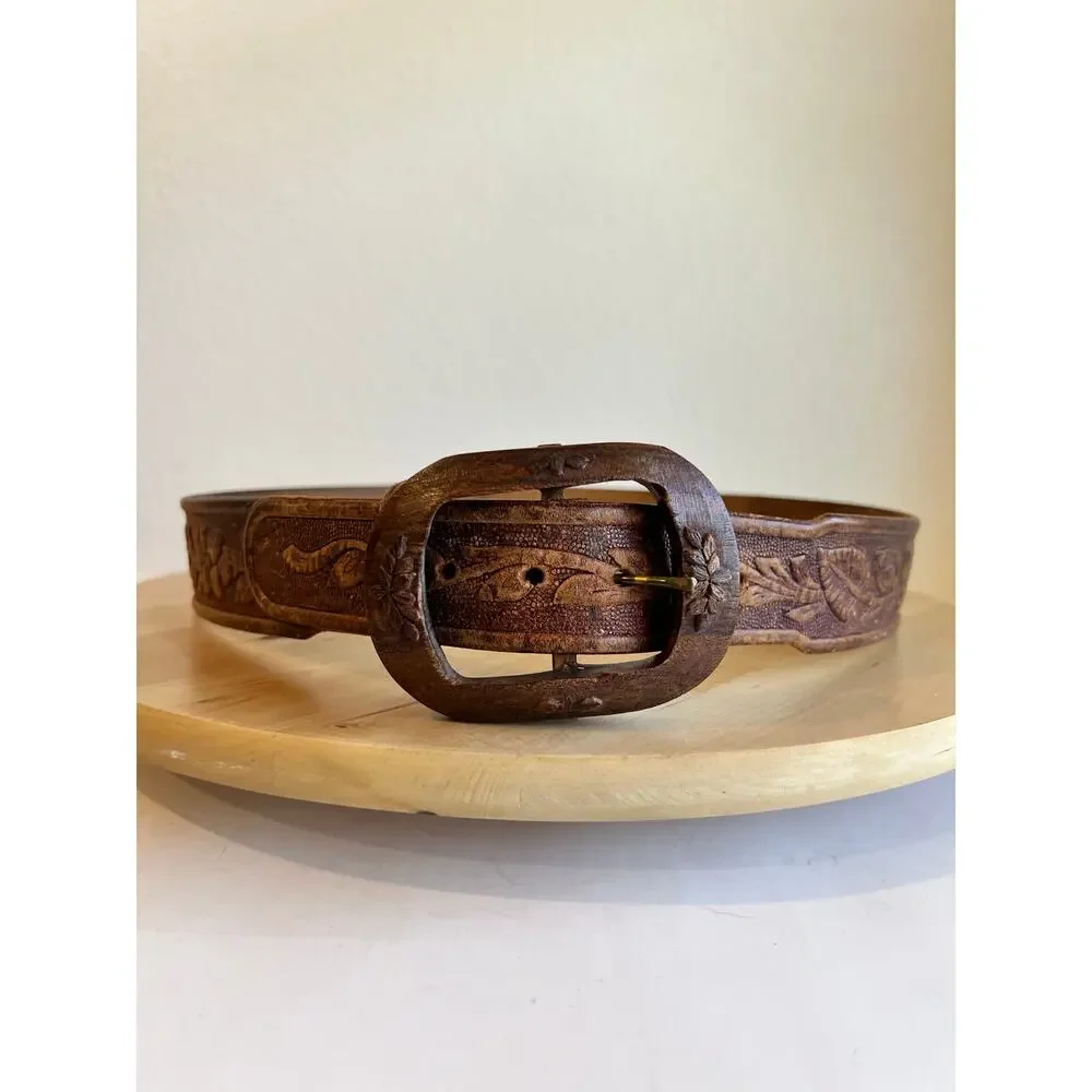 Vintage Brown Tooled Floral Western Wooden Carved Buckle Belt Size Medium